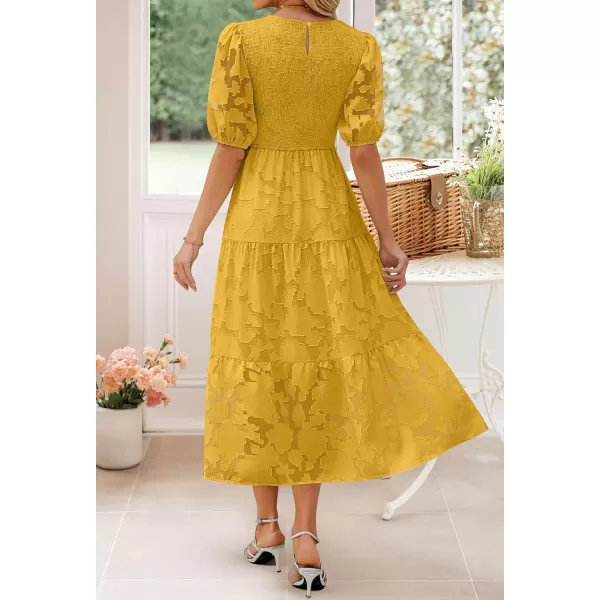 imageZESICA Womens 2024 Summer Short Puff Sleeve Crewneck Smocked Floral Lace Flowy A Line Tiered Maxi DressesGinger
