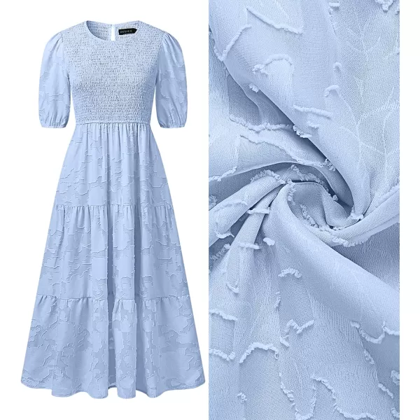 imageZESICA Womens 2024 Summer Short Puff Sleeve Crewneck Smocked Floral Lace Flowy A Line Tiered Maxi DressesLightblue