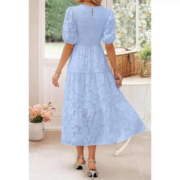 imageZESICA Womens 2024 Summer Short Puff Sleeve Crewneck Smocked Floral Lace Flowy A Line Tiered Maxi DressesLightblue
