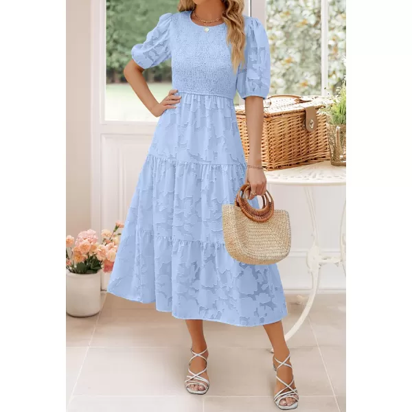 imageZESICA Womens 2024 Summer Short Puff Sleeve Crewneck Smocked Floral Lace Flowy A Line Tiered Maxi DressesLightblue