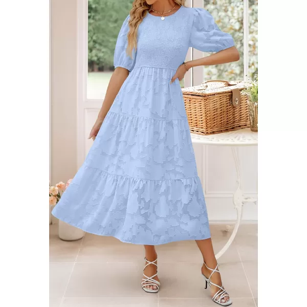 imageZESICA Womens 2024 Summer Short Puff Sleeve Crewneck Smocked Floral Lace Flowy A Line Tiered Maxi DressesLightblue