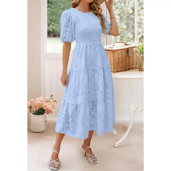 imageZESICA Womens 2024 Summer Short Puff Sleeve Crewneck Smocked Floral Lace Flowy A Line Tiered Maxi DressesLightblue