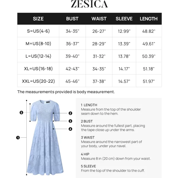 imageZESICA Womens 2024 Summer Short Puff Sleeve Crewneck Smocked Floral Lace Flowy A Line Tiered Maxi DressesLightblue