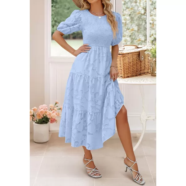 imageZESICA Womens 2024 Summer Short Puff Sleeve Crewneck Smocked Floral Lace Flowy A Line Tiered Maxi DressesLightblue