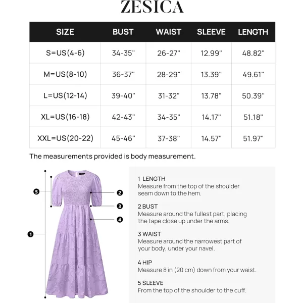 imageZESICA Womens 2024 Summer Short Puff Sleeve Crewneck Smocked Floral Lace Flowy A Line Tiered Maxi DressesLightpurple