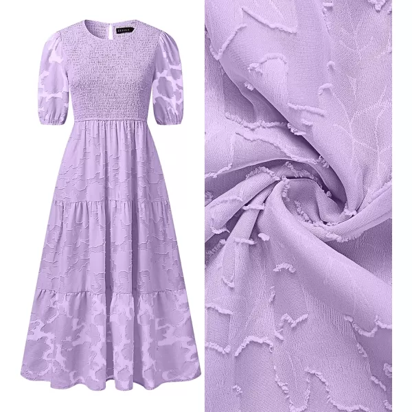 imageZESICA Womens 2024 Summer Short Puff Sleeve Crewneck Smocked Floral Lace Flowy A Line Tiered Maxi DressesLightpurple
