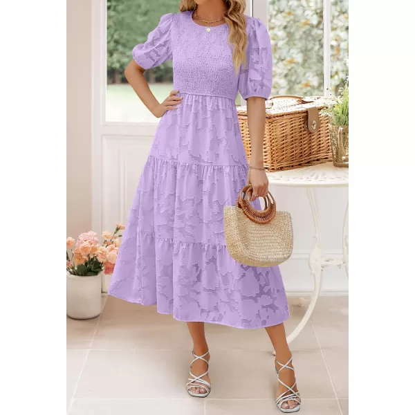 imageZESICA Womens 2024 Summer Short Puff Sleeve Crewneck Smocked Floral Lace Flowy A Line Tiered Maxi DressesLightpurple