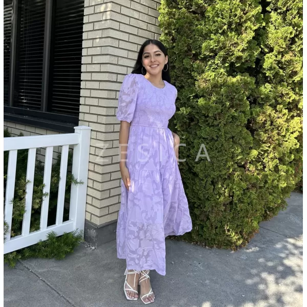 imageZESICA Womens 2024 Summer Short Puff Sleeve Crewneck Smocked Floral Lace Flowy A Line Tiered Maxi DressesLightpurple