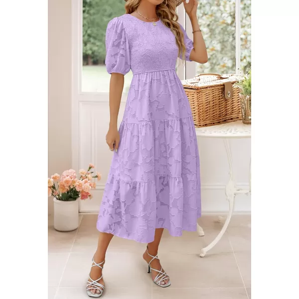 imageZESICA Womens 2024 Summer Short Puff Sleeve Crewneck Smocked Floral Lace Flowy A Line Tiered Maxi DressesLightpurple