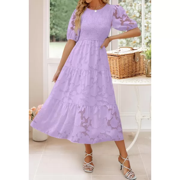 imageZESICA Womens 2024 Summer Short Puff Sleeve Crewneck Smocked Floral Lace Flowy A Line Tiered Maxi DressesLightpurple