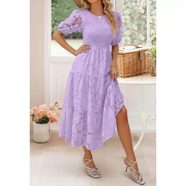 imageZESICA Womens 2024 Summer Short Puff Sleeve Crewneck Smocked Floral Lace Flowy A Line Tiered Maxi DressesLightpurple