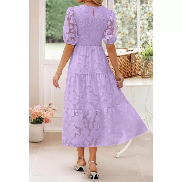 imageZESICA Womens 2024 Summer Short Puff Sleeve Crewneck Smocked Floral Lace Flowy A Line Tiered Maxi DressesLightpurple