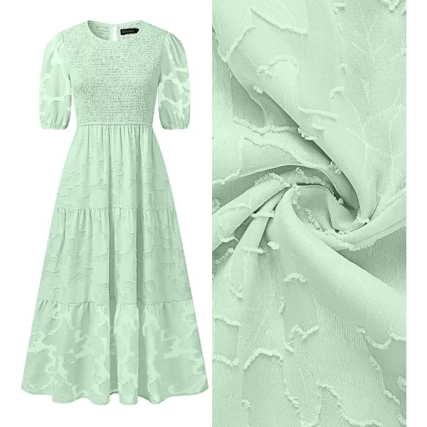 imageZESICA Womens 2024 Summer Short Puff Sleeve Crewneck Smocked Floral Lace Flowy A Line Tiered Maxi DressesMint