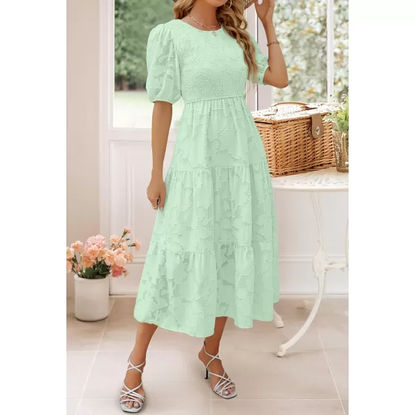 imageZESICA Womens 2024 Summer Short Puff Sleeve Crewneck Smocked Floral Lace Flowy A Line Tiered Maxi DressesMint