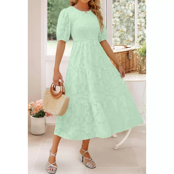 imageZESICA Womens 2024 Summer Short Puff Sleeve Crewneck Smocked Floral Lace Flowy A Line Tiered Maxi DressesMint