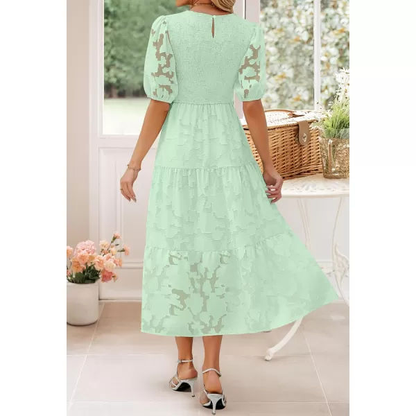 imageZESICA Womens 2024 Summer Short Puff Sleeve Crewneck Smocked Floral Lace Flowy A Line Tiered Maxi DressesMint