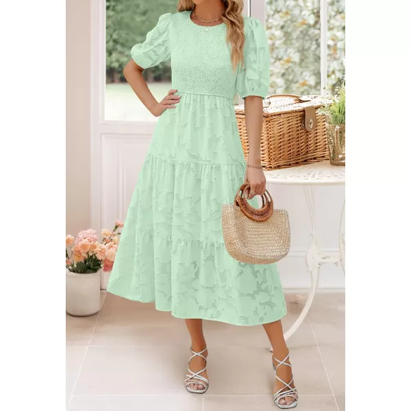 imageZESICA Womens 2024 Summer Short Puff Sleeve Crewneck Smocked Floral Lace Flowy A Line Tiered Maxi DressesMint