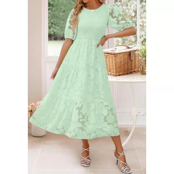 imageZESICA Womens 2024 Summer Short Puff Sleeve Crewneck Smocked Floral Lace Flowy A Line Tiered Maxi DressesMint