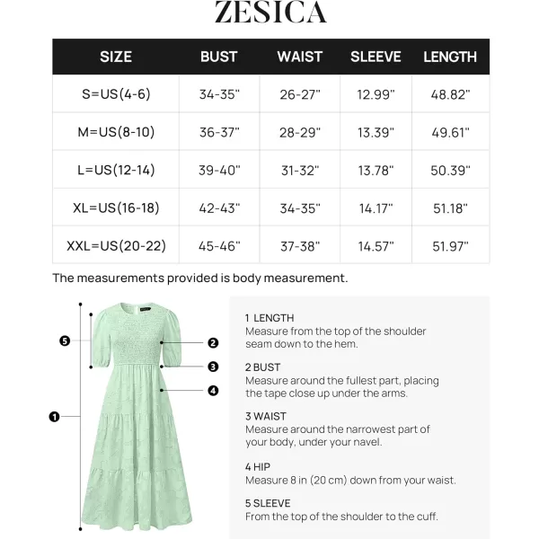 imageZESICA Womens 2024 Summer Short Puff Sleeve Crewneck Smocked Floral Lace Flowy A Line Tiered Maxi DressesMint