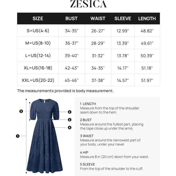 imageZESICA Womens 2024 Summer Short Puff Sleeve Crewneck Smocked Floral Lace Flowy A Line Tiered Maxi DressesNavy