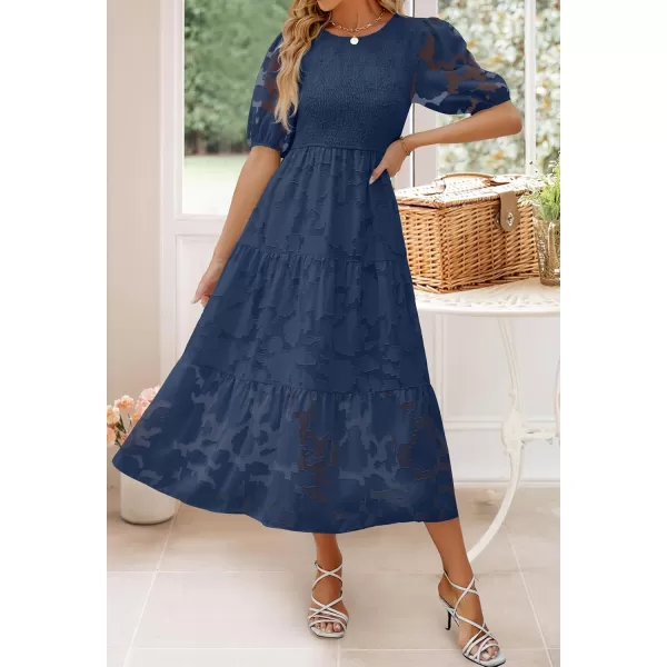 imageZESICA Womens 2024 Summer Short Puff Sleeve Crewneck Smocked Floral Lace Flowy A Line Tiered Maxi DressesNavy