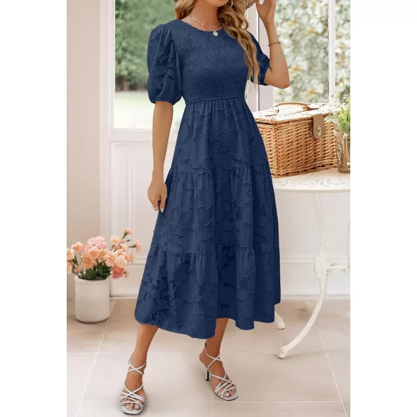 imageZESICA Womens 2024 Summer Short Puff Sleeve Crewneck Smocked Floral Lace Flowy A Line Tiered Maxi DressesNavy
