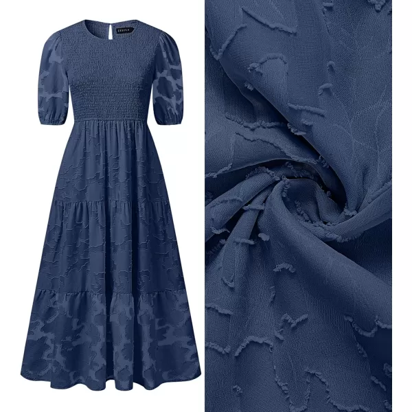 imageZESICA Womens 2024 Summer Short Puff Sleeve Crewneck Smocked Floral Lace Flowy A Line Tiered Maxi DressesNavy
