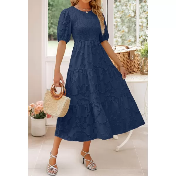 imageZESICA Womens 2024 Summer Short Puff Sleeve Crewneck Smocked Floral Lace Flowy A Line Tiered Maxi DressesNavy