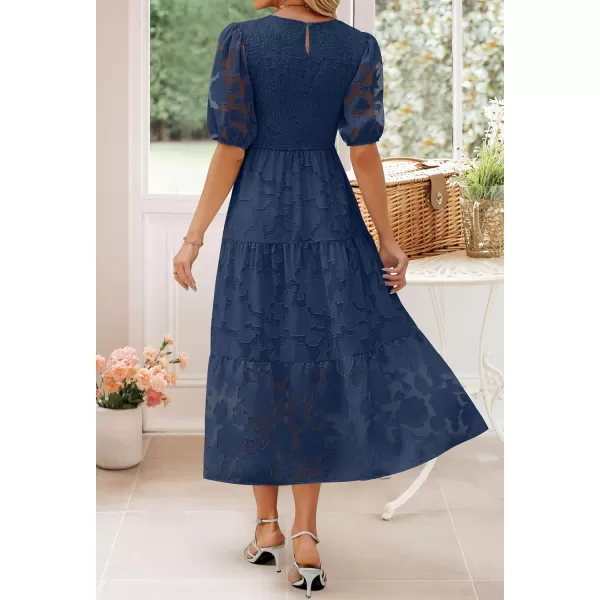 imageZESICA Womens 2024 Summer Short Puff Sleeve Crewneck Smocked Floral Lace Flowy A Line Tiered Maxi DressesNavy