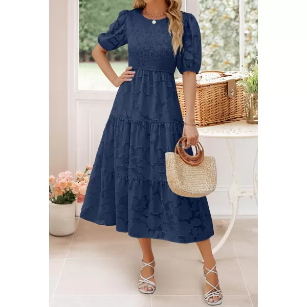 imageZESICA Womens 2024 Summer Short Puff Sleeve Crewneck Smocked Floral Lace Flowy A Line Tiered Maxi DressesNavy
