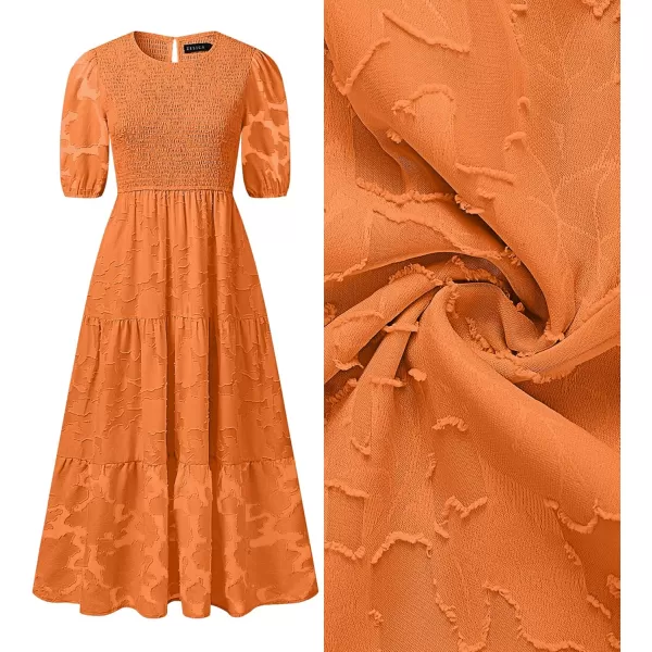 imageZESICA Womens 2024 Summer Short Puff Sleeve Crewneck Smocked Floral Lace Flowy A Line Tiered Maxi DressesOrange
