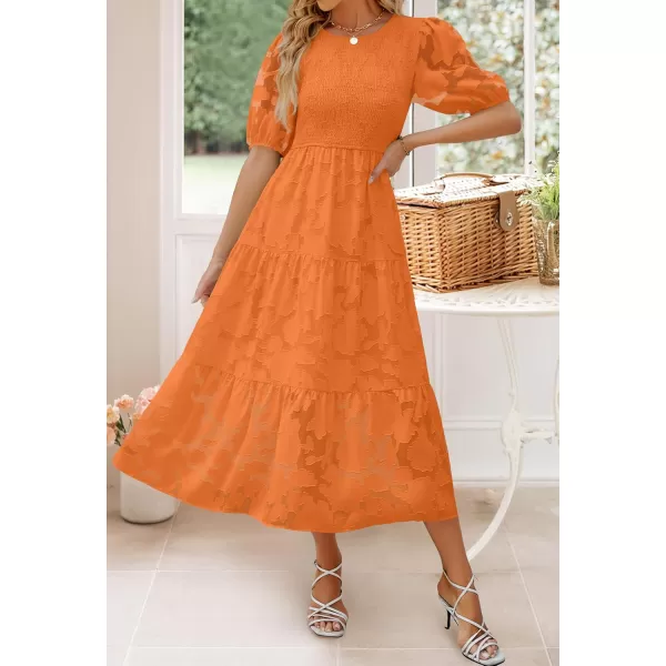 imageZESICA Womens 2024 Summer Short Puff Sleeve Crewneck Smocked Floral Lace Flowy A Line Tiered Maxi DressesOrange