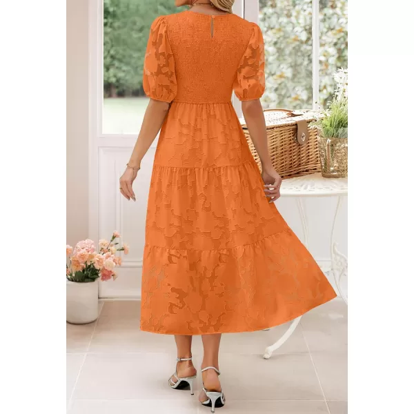 imageZESICA Womens 2024 Summer Short Puff Sleeve Crewneck Smocked Floral Lace Flowy A Line Tiered Maxi DressesOrange