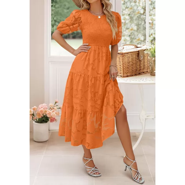 imageZESICA Womens 2024 Summer Short Puff Sleeve Crewneck Smocked Floral Lace Flowy A Line Tiered Maxi DressesOrange