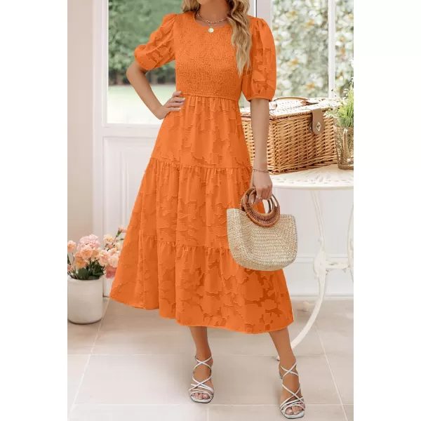 imageZESICA Womens 2024 Summer Short Puff Sleeve Crewneck Smocked Floral Lace Flowy A Line Tiered Maxi DressesOrange