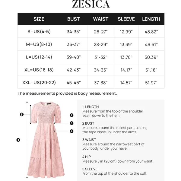 imageZESICA Womens 2024 Summer Short Puff Sleeve Crewneck Smocked Floral Lace Flowy A Line Tiered Maxi DressesPink