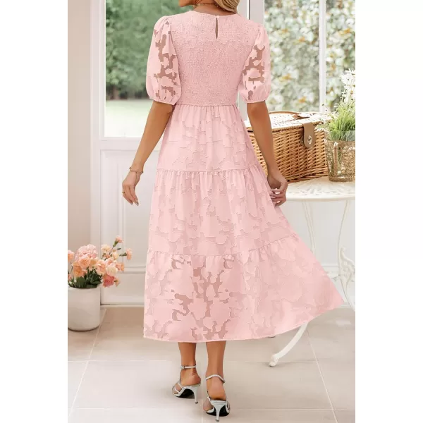 imageZESICA Womens 2024 Summer Short Puff Sleeve Crewneck Smocked Floral Lace Flowy A Line Tiered Maxi DressesPink