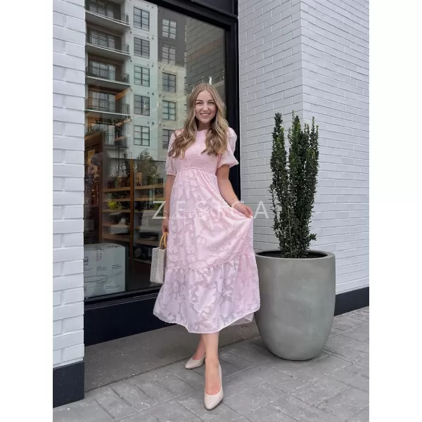 imageZESICA Womens 2024 Summer Short Puff Sleeve Crewneck Smocked Floral Lace Flowy A Line Tiered Maxi DressesPink