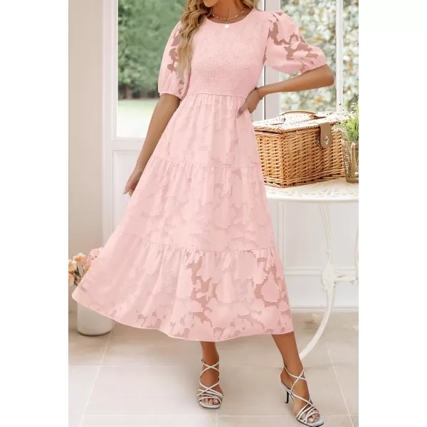 imageZESICA Womens 2024 Summer Short Puff Sleeve Crewneck Smocked Floral Lace Flowy A Line Tiered Maxi DressesPink
