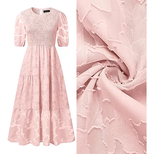 imageZESICA Womens 2024 Summer Short Puff Sleeve Crewneck Smocked Floral Lace Flowy A Line Tiered Maxi DressesPink