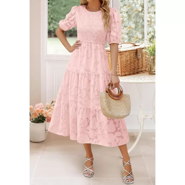 imageZESICA Womens 2024 Summer Short Puff Sleeve Crewneck Smocked Floral Lace Flowy A Line Tiered Maxi DressesPink