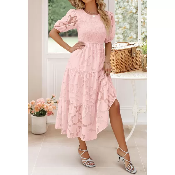 imageZESICA Womens 2024 Summer Short Puff Sleeve Crewneck Smocked Floral Lace Flowy A Line Tiered Maxi DressesPink