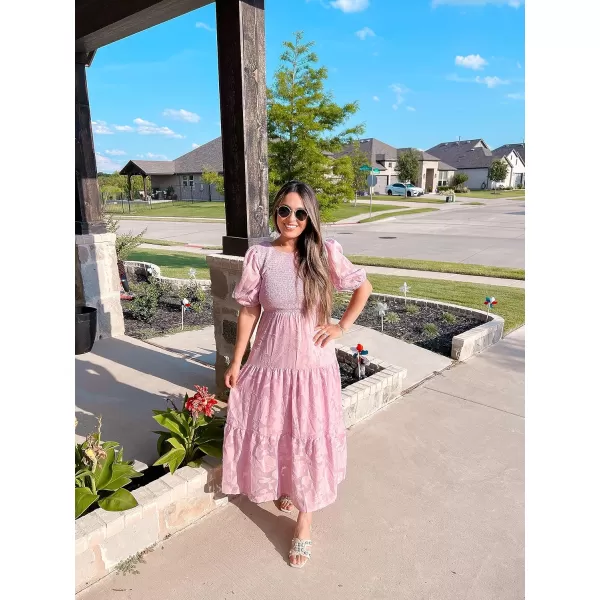 imageZESICA Womens 2024 Summer Short Puff Sleeve Crewneck Smocked Floral Lace Flowy A Line Tiered Maxi DressesPink
