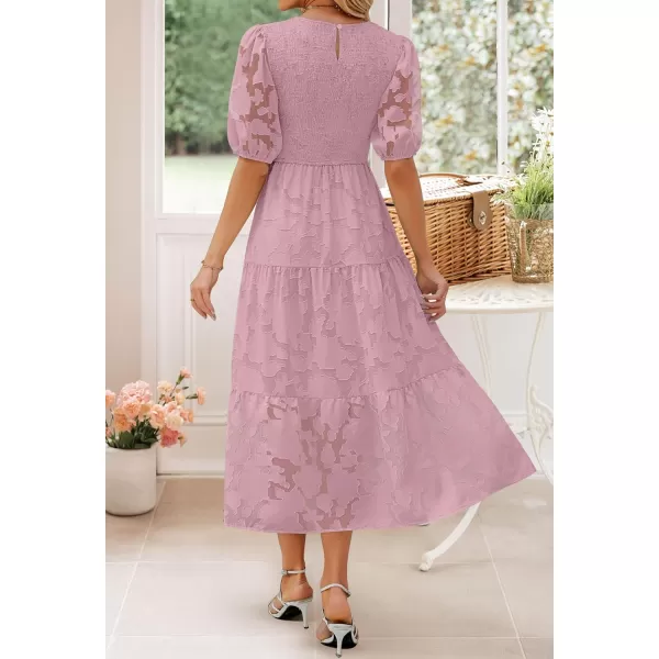 imageZESICA Womens 2024 Summer Short Puff Sleeve Crewneck Smocked Floral Lace Flowy A Line Tiered Maxi DressesPurple