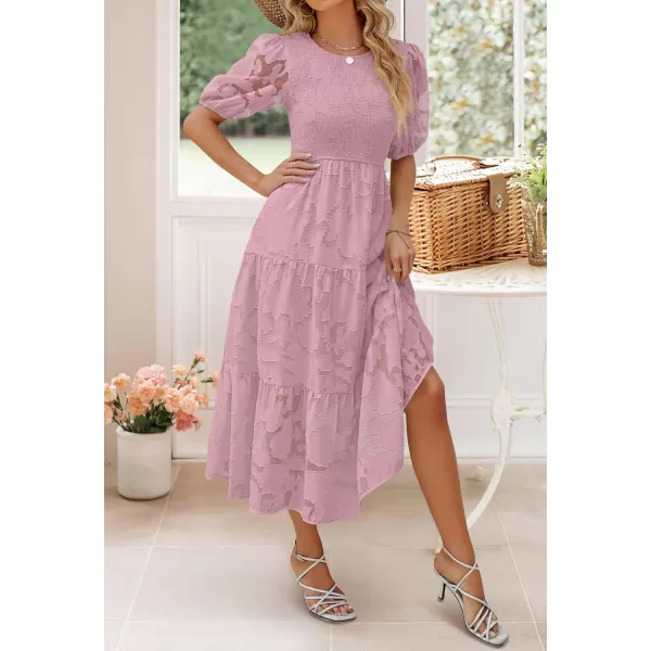 imageZESICA Womens 2024 Summer Short Puff Sleeve Crewneck Smocked Floral Lace Flowy A Line Tiered Maxi DressesPurple