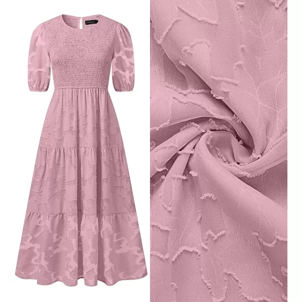 imageZESICA Womens 2024 Summer Short Puff Sleeve Crewneck Smocked Floral Lace Flowy A Line Tiered Maxi DressesPurple