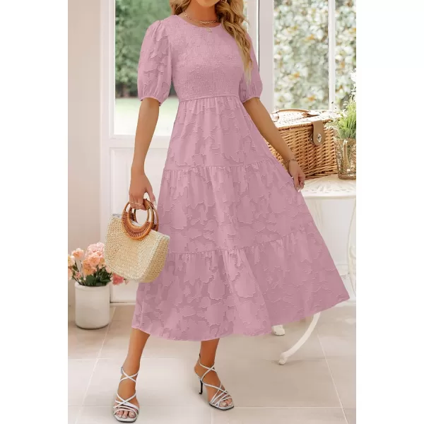 imageZESICA Womens 2024 Summer Short Puff Sleeve Crewneck Smocked Floral Lace Flowy A Line Tiered Maxi DressesPurple