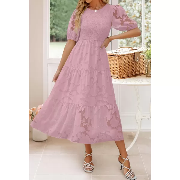 imageZESICA Womens 2024 Summer Short Puff Sleeve Crewneck Smocked Floral Lace Flowy A Line Tiered Maxi DressesPurple