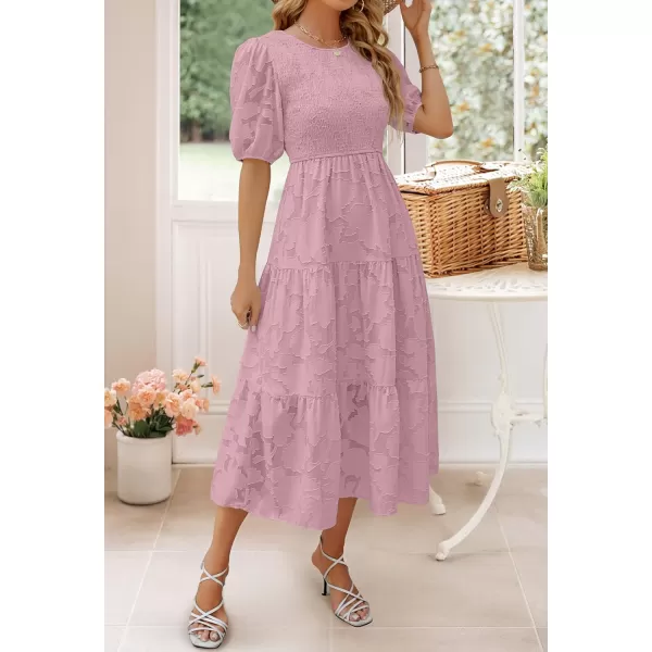 imageZESICA Womens 2024 Summer Short Puff Sleeve Crewneck Smocked Floral Lace Flowy A Line Tiered Maxi DressesPurple
