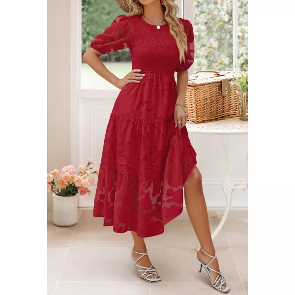 imageZESICA Womens 2024 Summer Short Puff Sleeve Crewneck Smocked Floral Lace Flowy A Line Tiered Maxi DressesRed